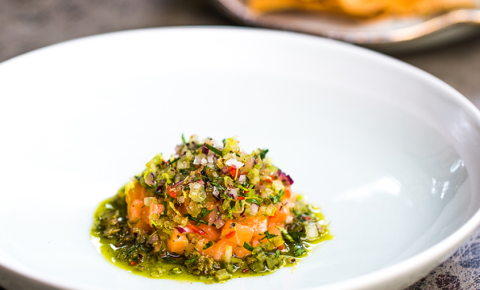 Salmon crudo with celery verde, creme fraiche and wantons