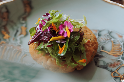 Golden Corn Croquette with Edible Flower Salad